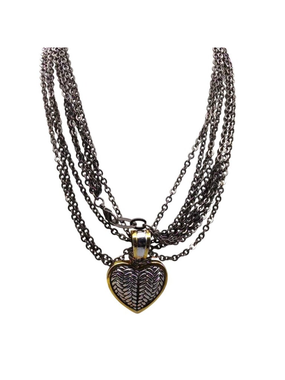 Vintage Two Tone Heart Pendant Necklace, Multi Strand Gunmetal Chain
